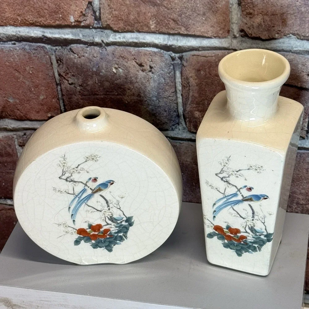Set of 2 Vtg Treasure Craft Crackle Small Vases Birds Asian Flowers MCM USA Made